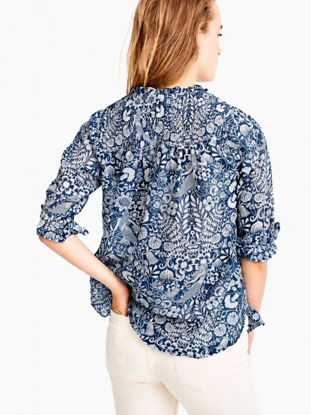 J.CREW Collection Silk-Cotton Smocked Ruffle-Neck Top in Mermaid Floral 4